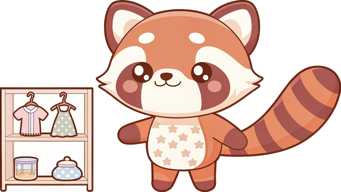 Endii in her room beside a rail of outfits and a shelf of collectibles