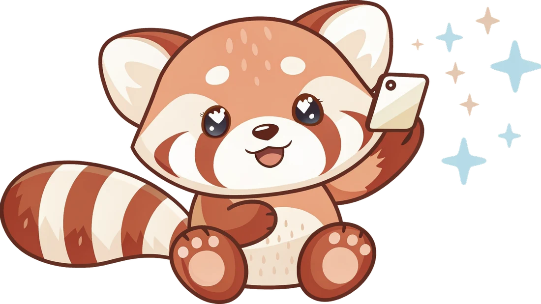Endii, a small red panda, holding up a phone with patterns floating out of it