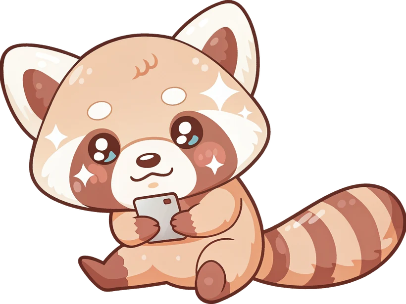 Endii the red panda sitting with a phone, scanning a meal